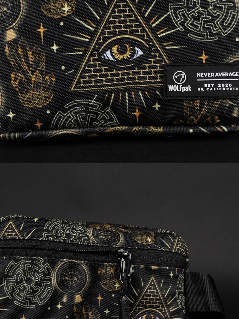 WOLF Black and Gold Symbol Print Belt Bag Illuminati cross body